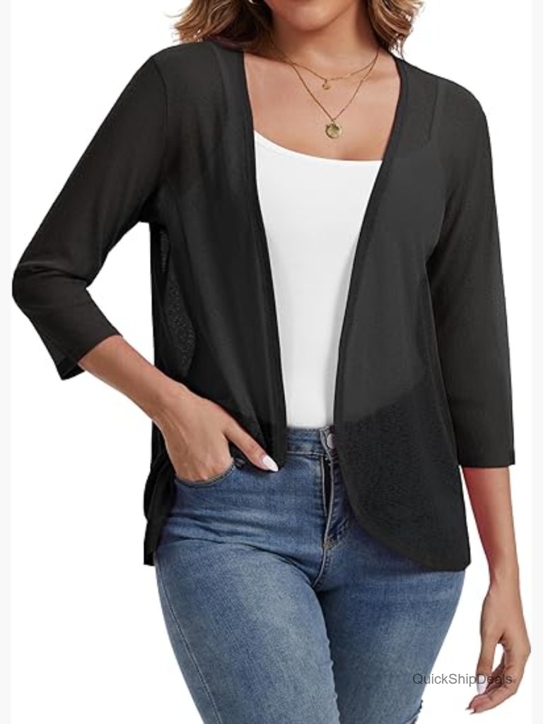 Lightweight 3/4 Sleeve Open Front Cardigan Summer Shrug Coverup